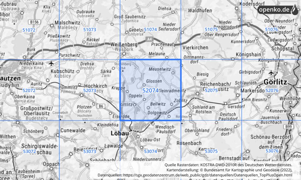 Übersichtskarte KOSTRA-DWD-2010R Rasterfeld Nr. 52074 mit angrenzenden Feldern