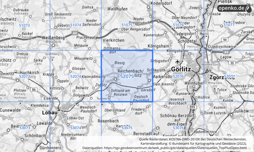 Übersichtskarte KOSTRA-DWD-2010R Rasterfeld Nr. 52075 mit angrenzenden Feldern