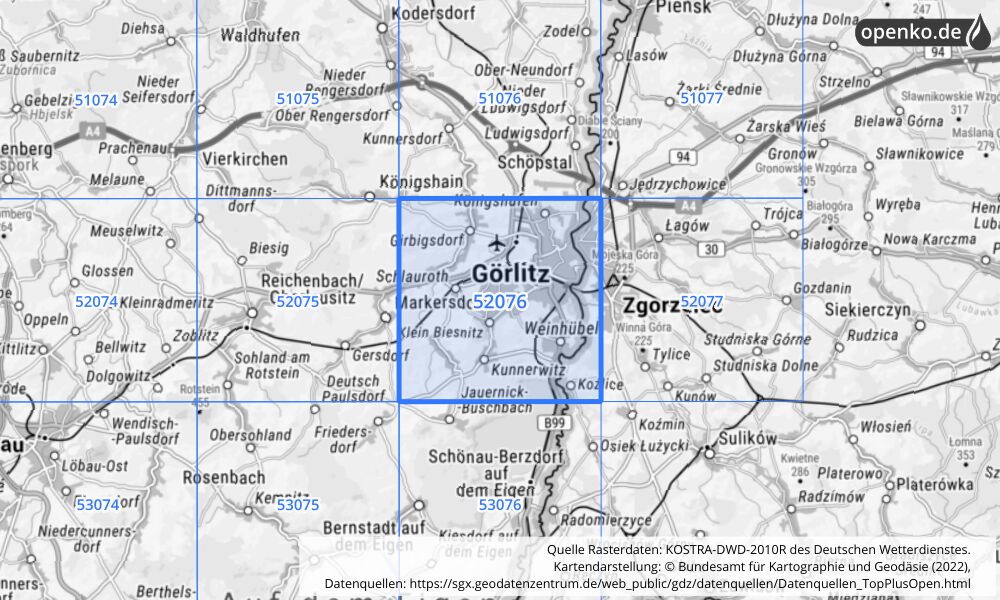 Übersichtskarte KOSTRA-DWD-2010R Rasterfeld Nr. 52076 mit angrenzenden Feldern