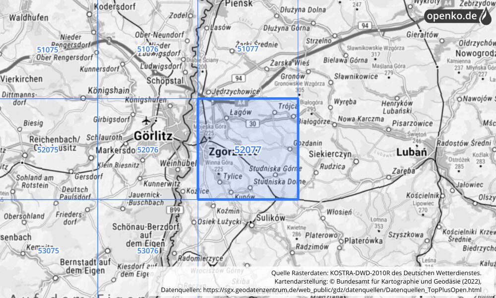 Übersichtskarte KOSTRA-DWD-2010R Rasterfeld Nr. 52077 mit angrenzenden Feldern