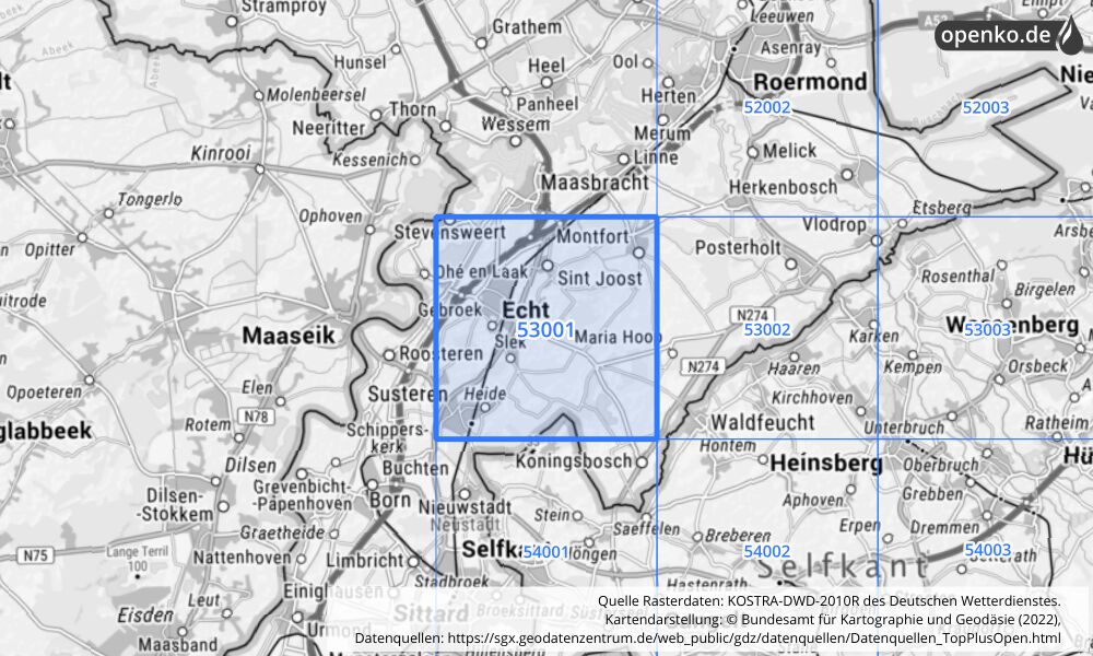 Übersichtskarte KOSTRA-DWD-2010R Rasterfeld Nr. 53001 mit angrenzenden Feldern