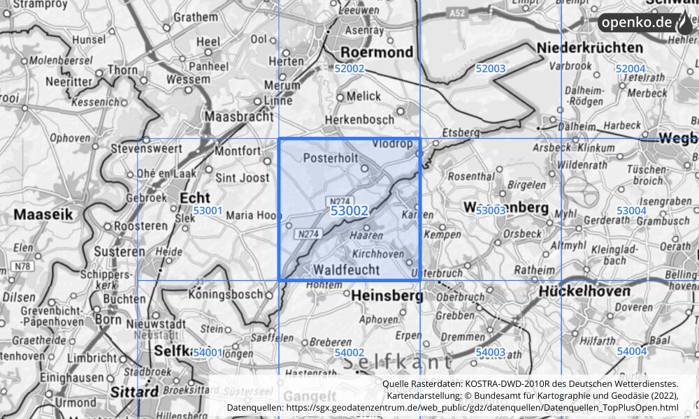 Übersichtskarte KOSTRA-DWD-2010R Rasterfeld Nr. 53002 mit angrenzenden Feldern