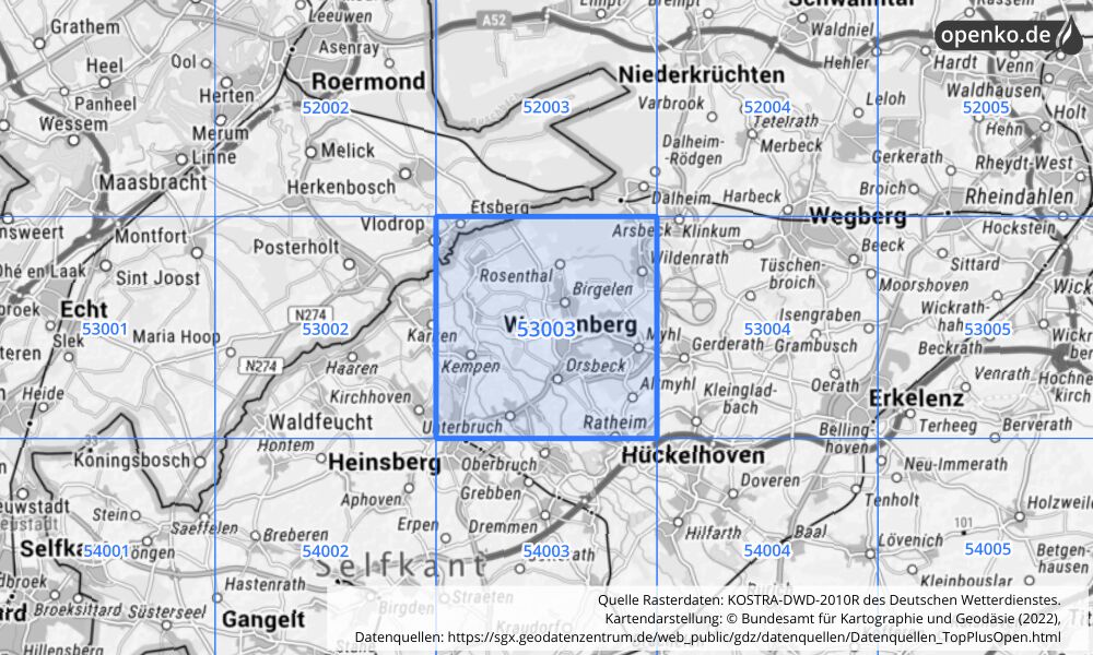 Übersichtskarte KOSTRA-DWD-2010R Rasterfeld Nr. 53003 mit angrenzenden Feldern