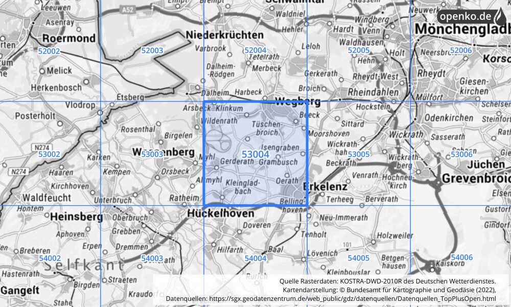 Übersichtskarte KOSTRA-DWD-2010R Rasterfeld Nr. 53004 mit angrenzenden Feldern