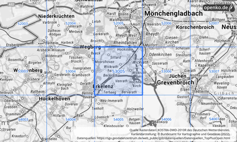 Übersichtskarte KOSTRA-DWD-2010R Rasterfeld Nr. 53005 mit angrenzenden Feldern