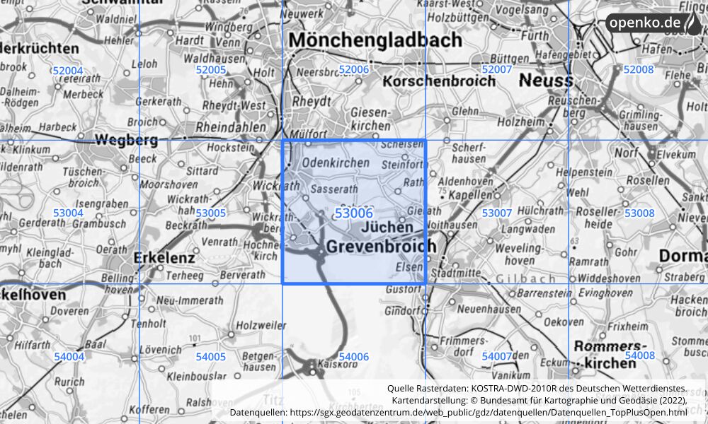 Übersichtskarte KOSTRA-DWD-2010R Rasterfeld Nr. 53006 mit angrenzenden Feldern