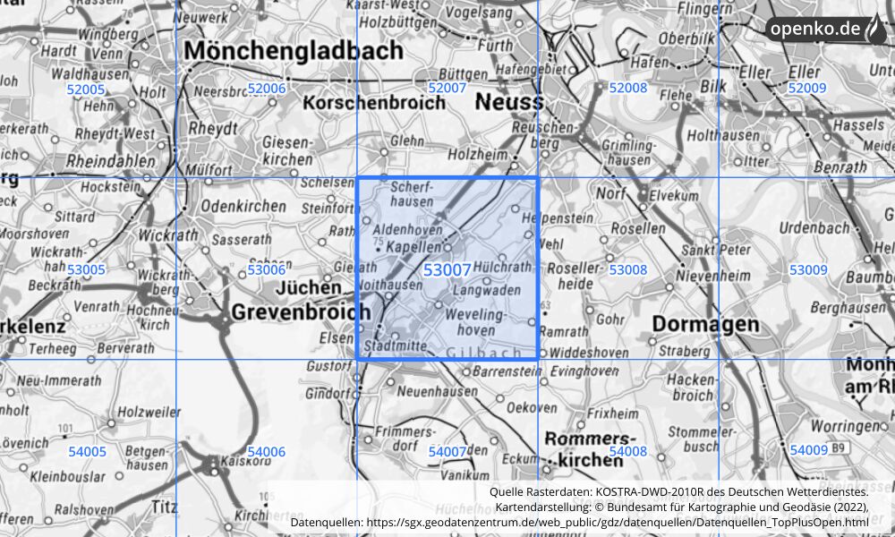 Übersichtskarte KOSTRA-DWD-2010R Rasterfeld Nr. 53007 mit angrenzenden Feldern