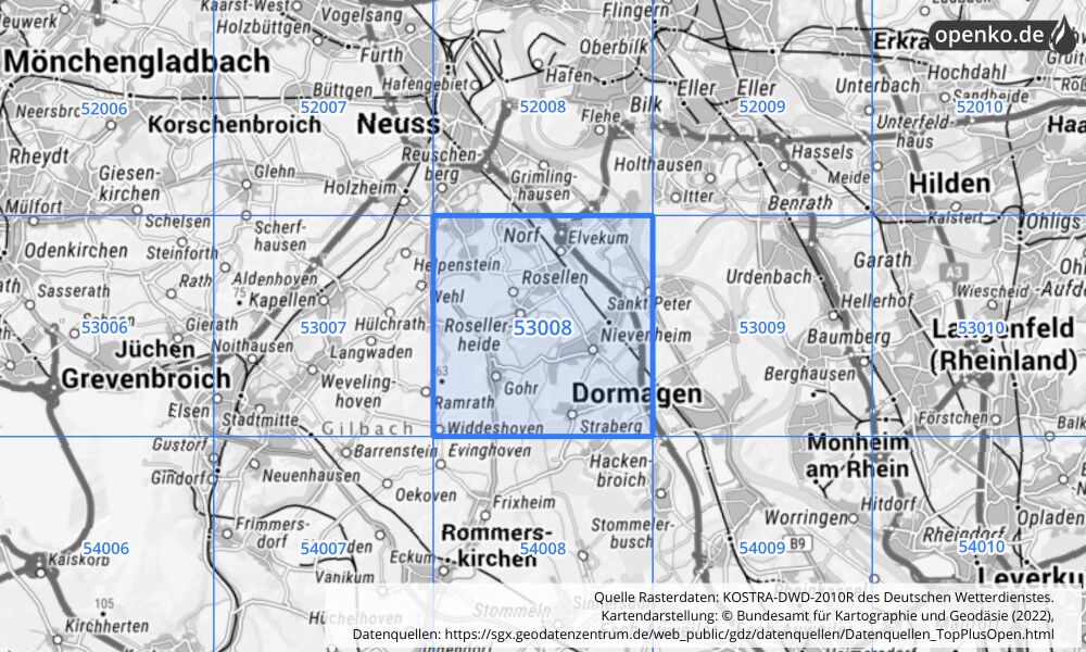 Übersichtskarte KOSTRA-DWD-2010R Rasterfeld Nr. 53008 mit angrenzenden Feldern