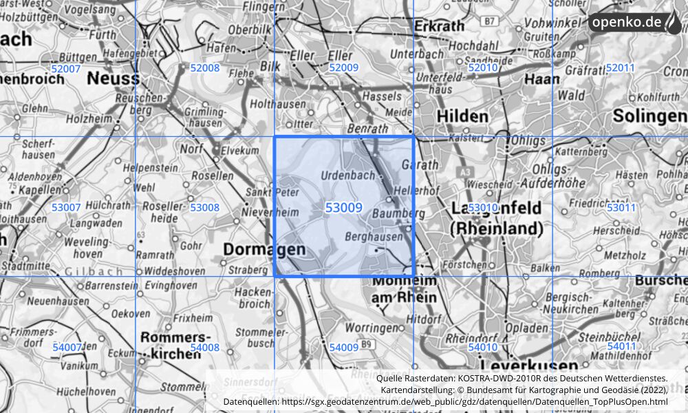 Übersichtskarte KOSTRA-DWD-2010R Rasterfeld Nr. 53009 mit angrenzenden Feldern