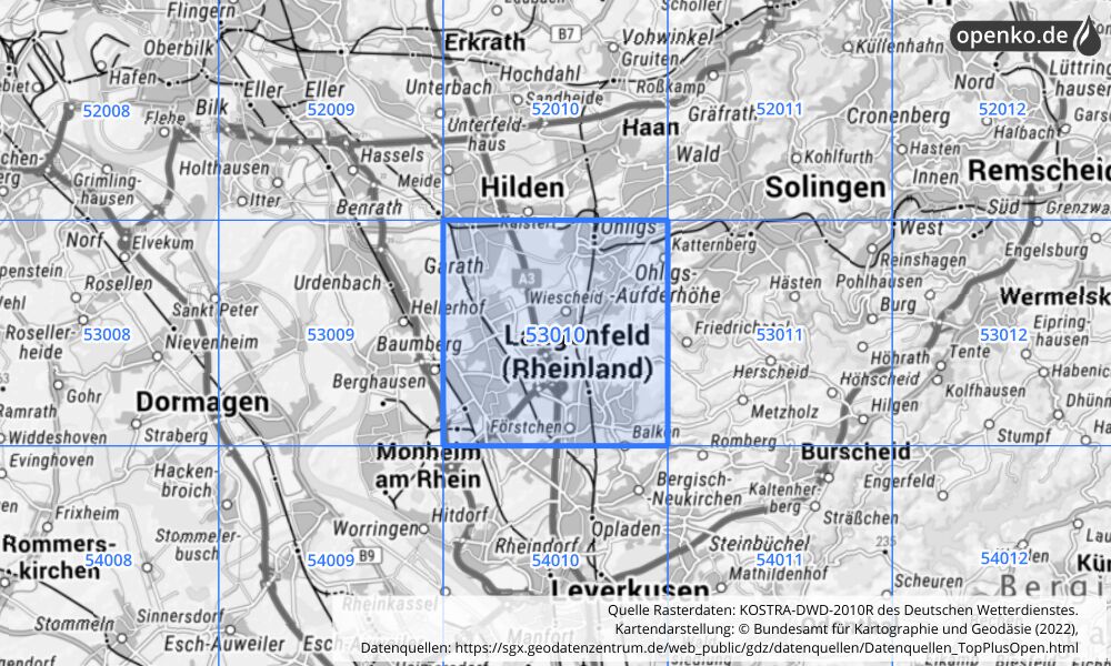 Übersichtskarte KOSTRA-DWD-2010R Rasterfeld Nr. 53010 mit angrenzenden Feldern