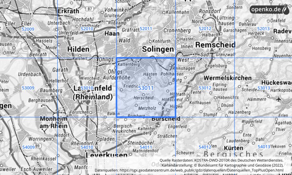 Übersichtskarte KOSTRA-DWD-2010R Rasterfeld Nr. 53011 mit angrenzenden Feldern