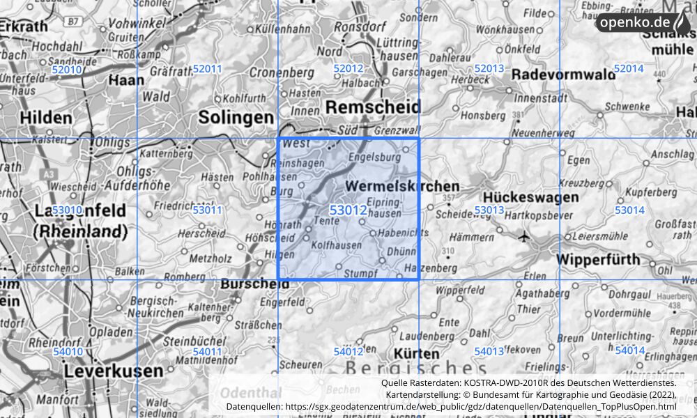 Übersichtskarte KOSTRA-DWD-2010R Rasterfeld Nr. 53012 mit angrenzenden Feldern