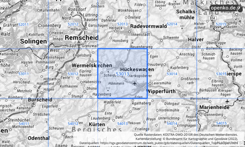 Übersichtskarte KOSTRA-DWD-2010R Rasterfeld Nr. 53013 mit angrenzenden Feldern