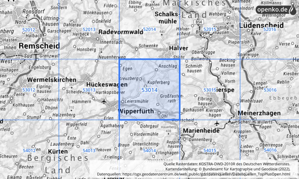 Übersichtskarte KOSTRA-DWD-2010R Rasterfeld Nr. 53014 mit angrenzenden Feldern