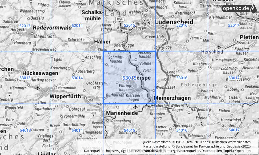 Übersichtskarte KOSTRA-DWD-2010R Rasterfeld Nr. 53015 mit angrenzenden Feldern