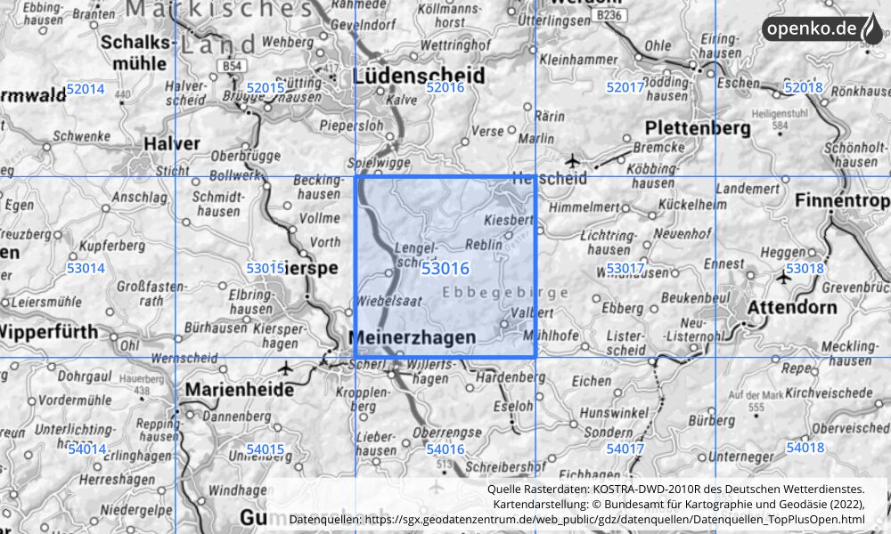 Übersichtskarte KOSTRA-DWD-2010R Rasterfeld Nr. 53016 mit angrenzenden Feldern