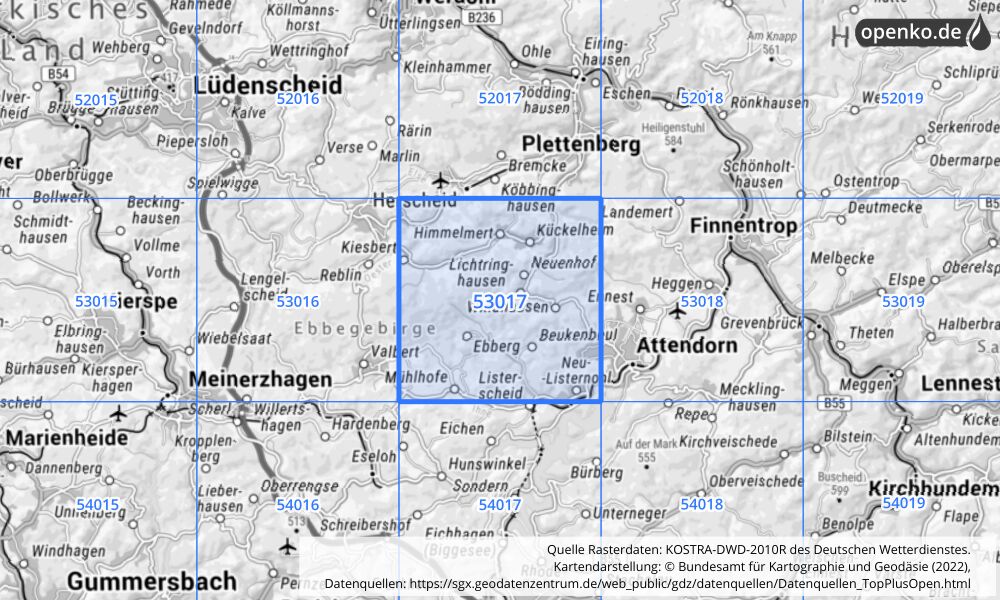 Übersichtskarte KOSTRA-DWD-2010R Rasterfeld Nr. 53017 mit angrenzenden Feldern