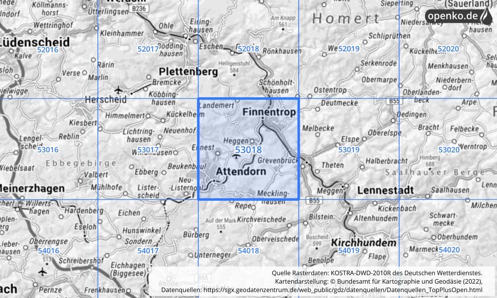 Übersichtskarte KOSTRA-DWD-2010R Rasterfeld Nr. 53018 mit angrenzenden Feldern