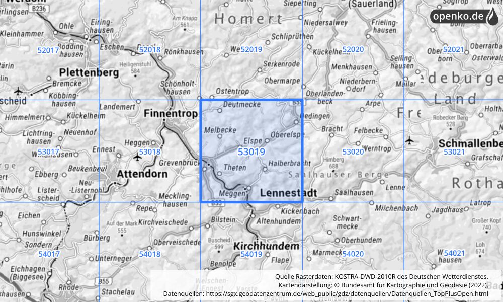 Übersichtskarte KOSTRA-DWD-2010R Rasterfeld Nr. 53019 mit angrenzenden Feldern