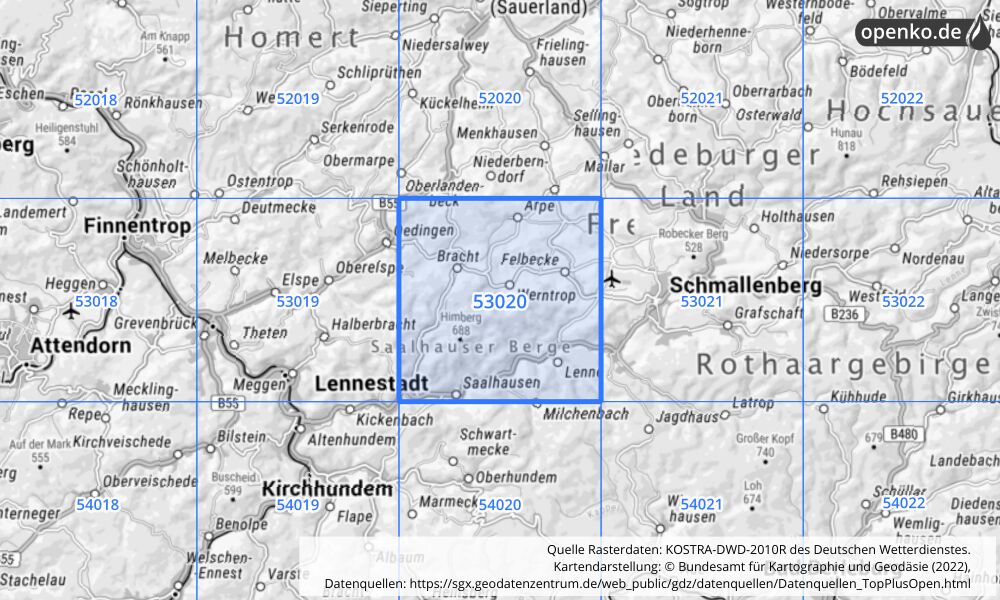 Übersichtskarte KOSTRA-DWD-2010R Rasterfeld Nr. 53020 mit angrenzenden Feldern