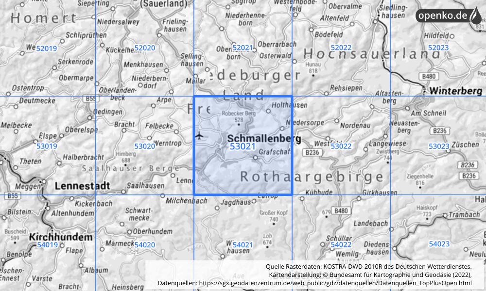 Übersichtskarte KOSTRA-DWD-2010R Rasterfeld Nr. 53021 mit angrenzenden Feldern