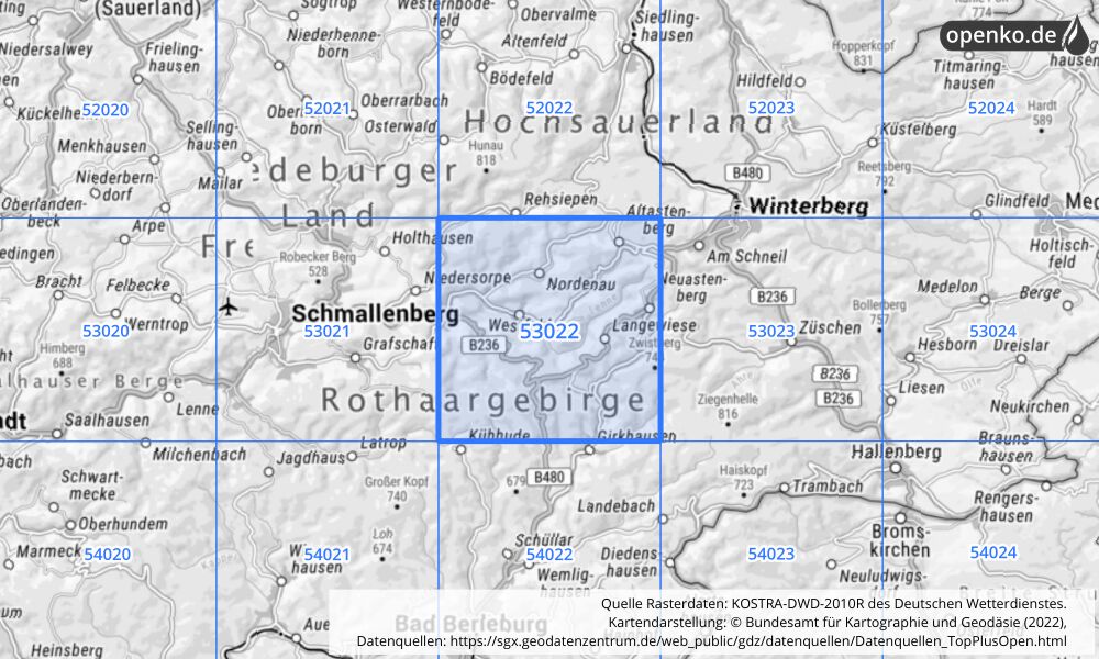 Übersichtskarte KOSTRA-DWD-2010R Rasterfeld Nr. 53022 mit angrenzenden Feldern