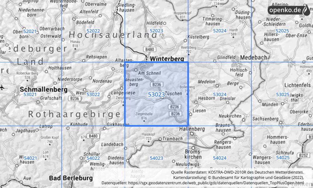 Übersichtskarte KOSTRA-DWD-2010R Rasterfeld Nr. 53023 mit angrenzenden Feldern