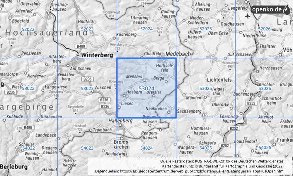 Übersichtskarte KOSTRA-DWD-2010R Rasterfeld Nr. 53024 mit angrenzenden Feldern