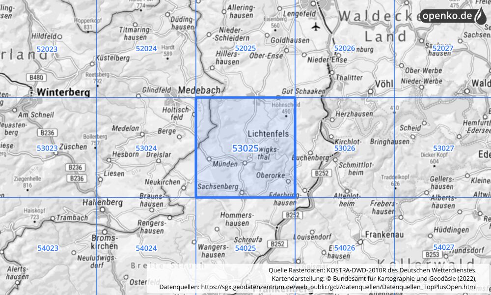 Übersichtskarte KOSTRA-DWD-2010R Rasterfeld Nr. 53025 mit angrenzenden Feldern