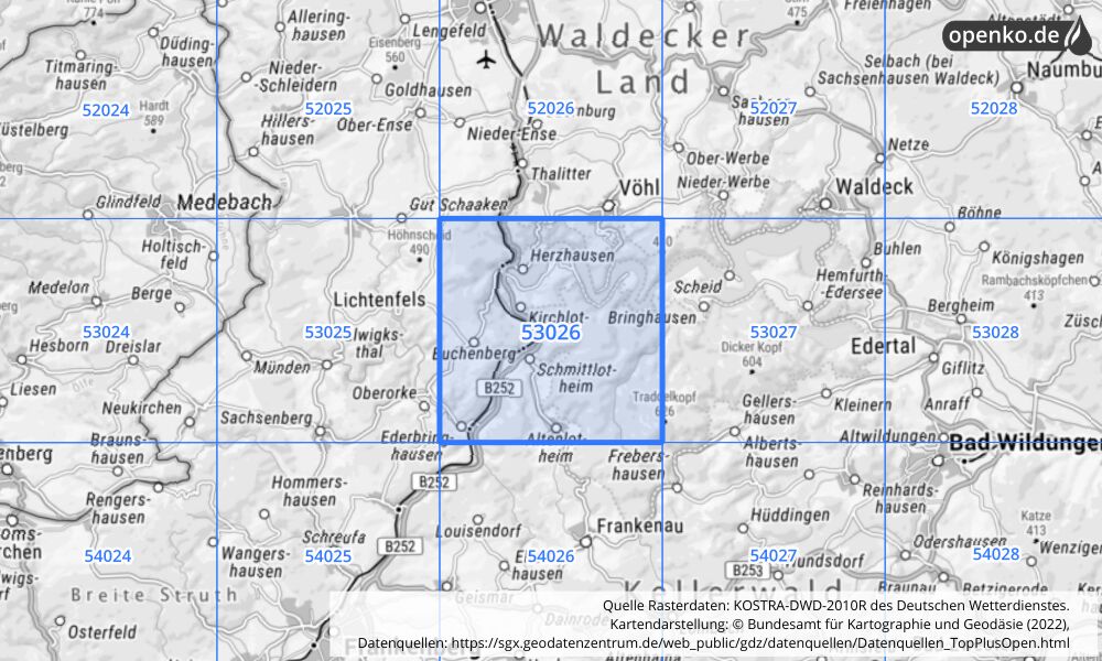 Übersichtskarte KOSTRA-DWD-2010R Rasterfeld Nr. 53026 mit angrenzenden Feldern