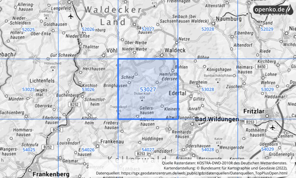 Übersichtskarte KOSTRA-DWD-2010R Rasterfeld Nr. 53027 mit angrenzenden Feldern