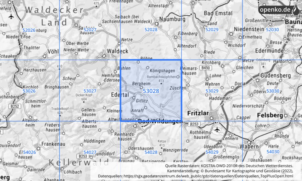 Übersichtskarte KOSTRA-DWD-2010R Rasterfeld Nr. 53028 mit angrenzenden Feldern