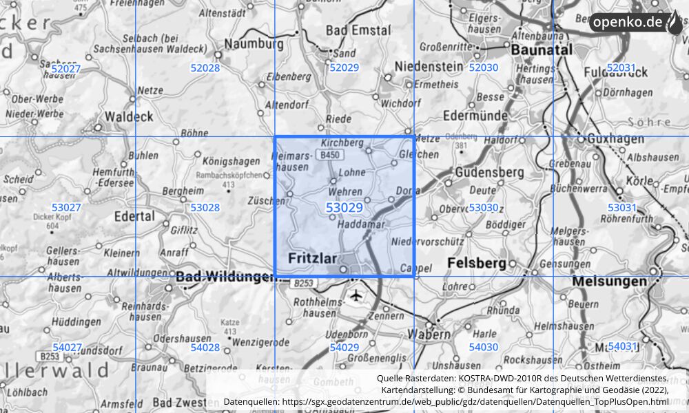 Übersichtskarte KOSTRA-DWD-2010R Rasterfeld Nr. 53029 mit angrenzenden Feldern