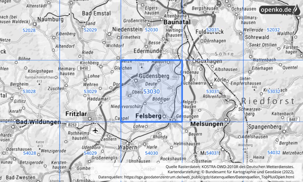 Übersichtskarte KOSTRA-DWD-2010R Rasterfeld Nr. 53030 mit angrenzenden Feldern