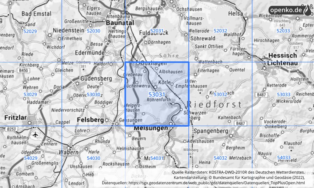 Übersichtskarte KOSTRA-DWD-2010R Rasterfeld Nr. 53031 mit angrenzenden Feldern