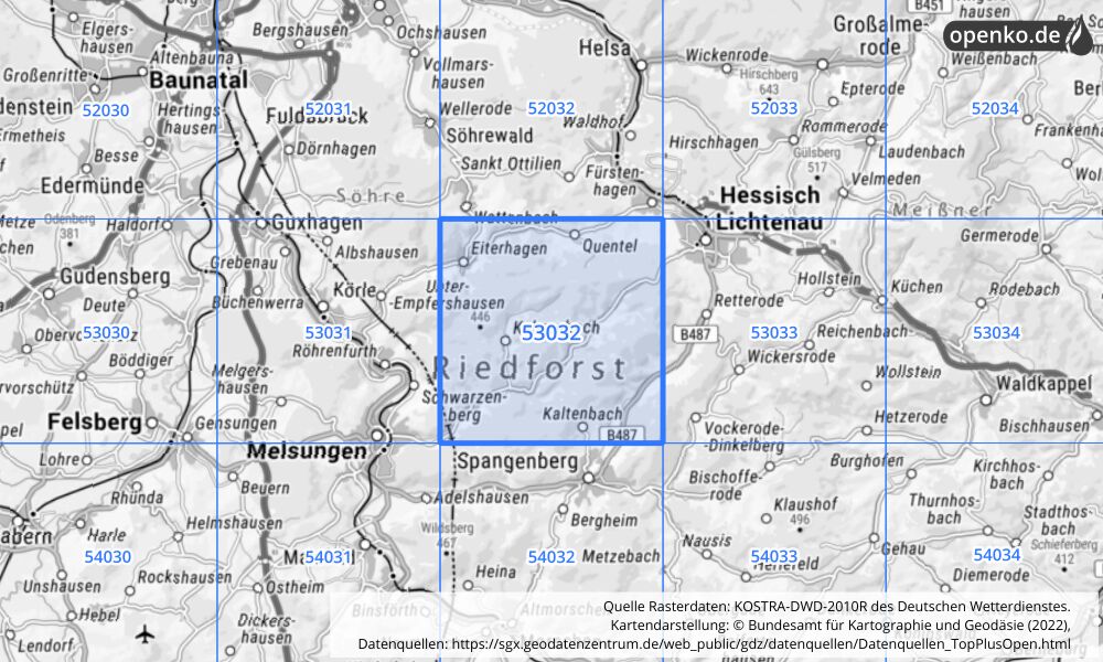 Übersichtskarte KOSTRA-DWD-2010R Rasterfeld Nr. 53032 mit angrenzenden Feldern