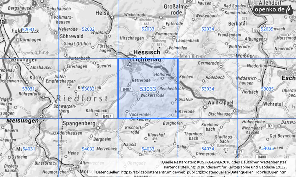 Übersichtskarte KOSTRA-DWD-2010R Rasterfeld Nr. 53033 mit angrenzenden Feldern