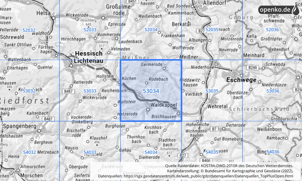 Übersichtskarte KOSTRA-DWD-2010R Rasterfeld Nr. 53034 mit angrenzenden Feldern