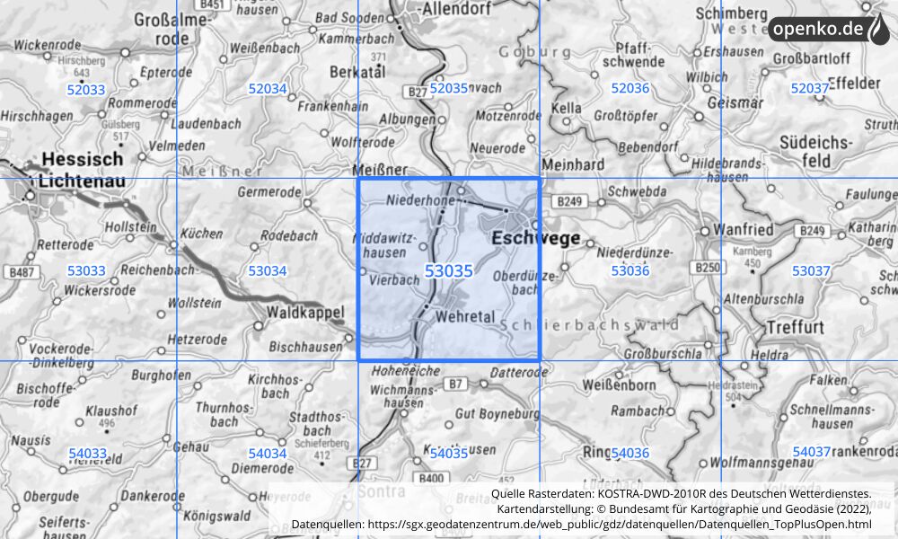 Übersichtskarte KOSTRA-DWD-2010R Rasterfeld Nr. 53035 mit angrenzenden Feldern