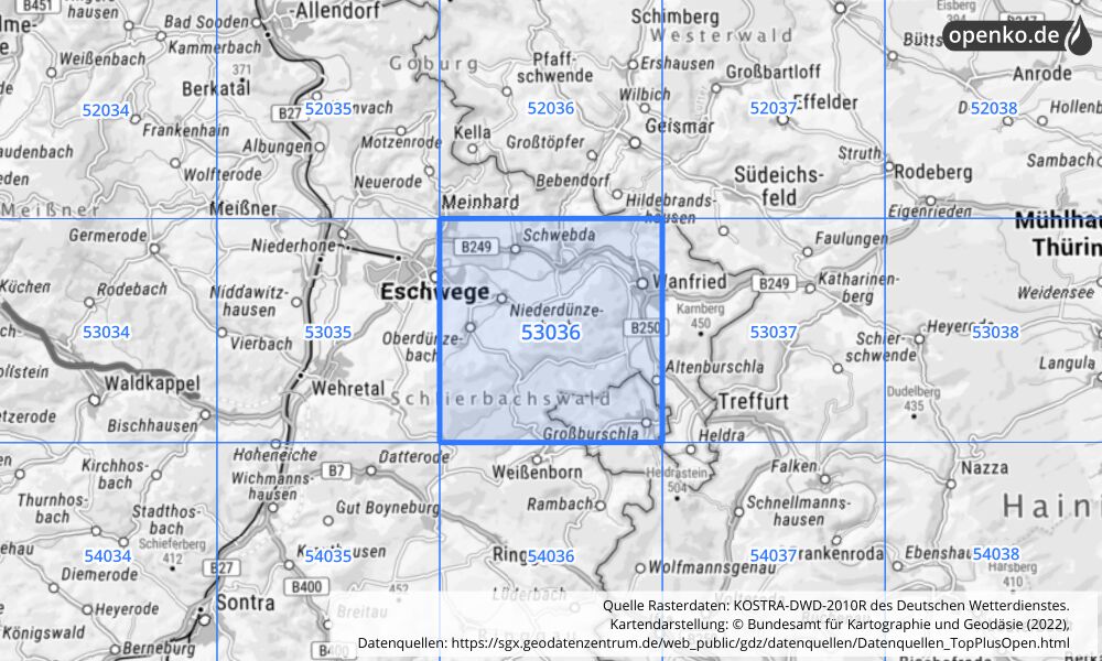 Übersichtskarte KOSTRA-DWD-2010R Rasterfeld Nr. 53036 mit angrenzenden Feldern