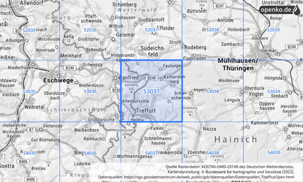 Übersichtskarte KOSTRA-DWD-2010R Rasterfeld Nr. 53037 mit angrenzenden Feldern