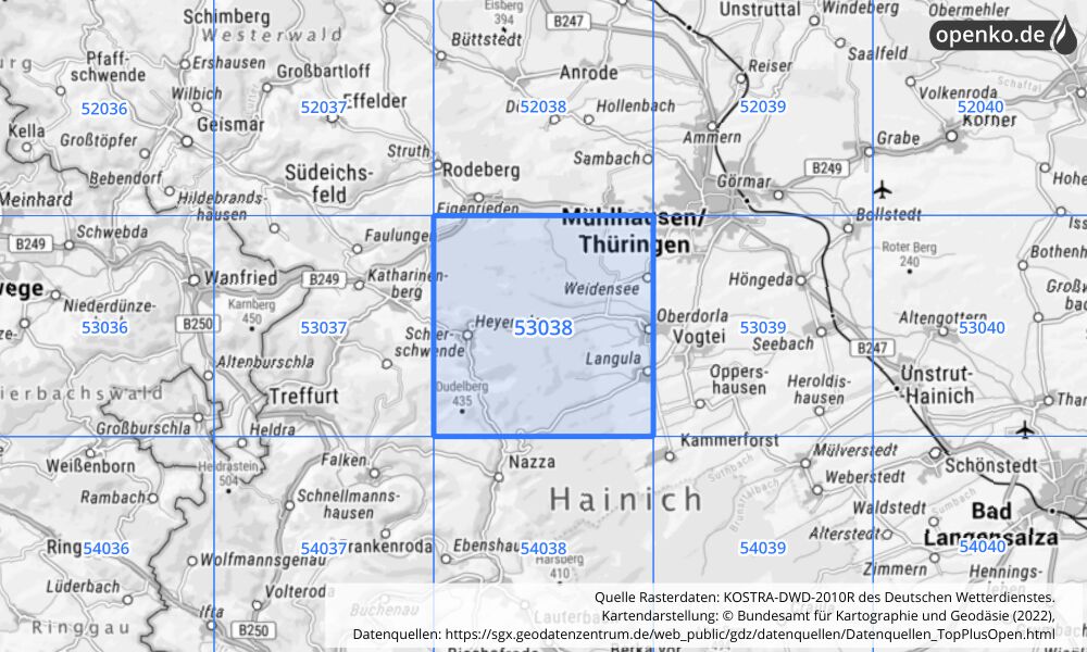 Übersichtskarte KOSTRA-DWD-2010R Rasterfeld Nr. 53038 mit angrenzenden Feldern