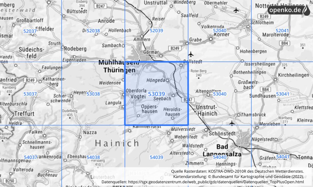 Übersichtskarte KOSTRA-DWD-2010R Rasterfeld Nr. 53039 mit angrenzenden Feldern