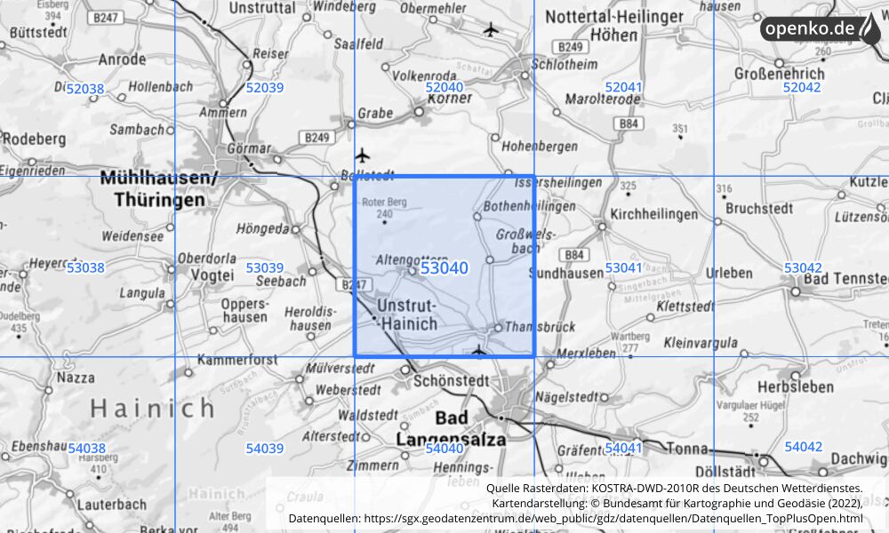 Übersichtskarte KOSTRA-DWD-2010R Rasterfeld Nr. 53040 mit angrenzenden Feldern