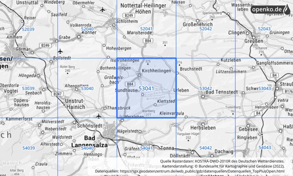 Übersichtskarte KOSTRA-DWD-2010R Rasterfeld Nr. 53041 mit angrenzenden Feldern