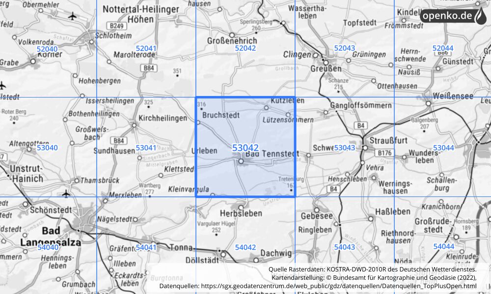 Übersichtskarte KOSTRA-DWD-2010R Rasterfeld Nr. 53042 mit angrenzenden Feldern