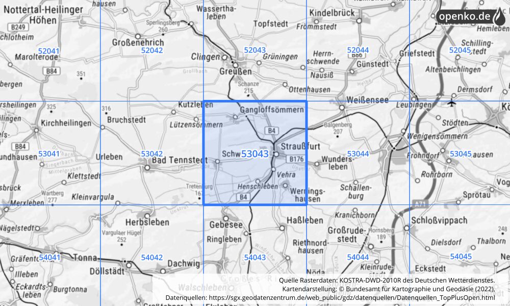 Übersichtskarte KOSTRA-DWD-2010R Rasterfeld Nr. 53043 mit angrenzenden Feldern