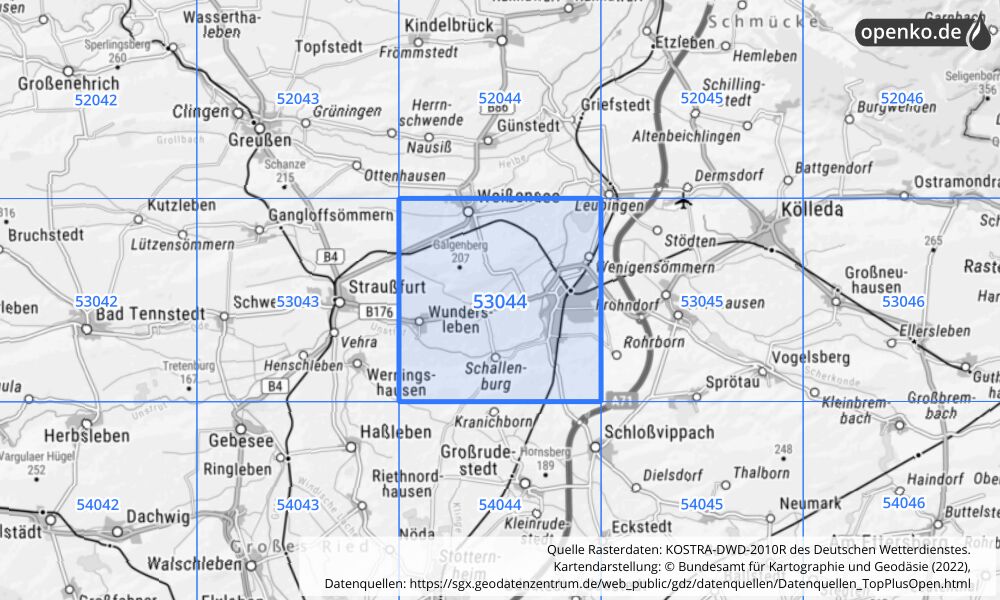 Übersichtskarte KOSTRA-DWD-2010R Rasterfeld Nr. 53044 mit angrenzenden Feldern