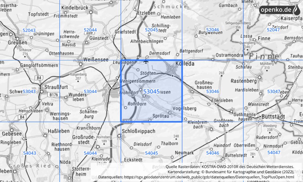 Übersichtskarte KOSTRA-DWD-2010R Rasterfeld Nr. 53045 mit angrenzenden Feldern