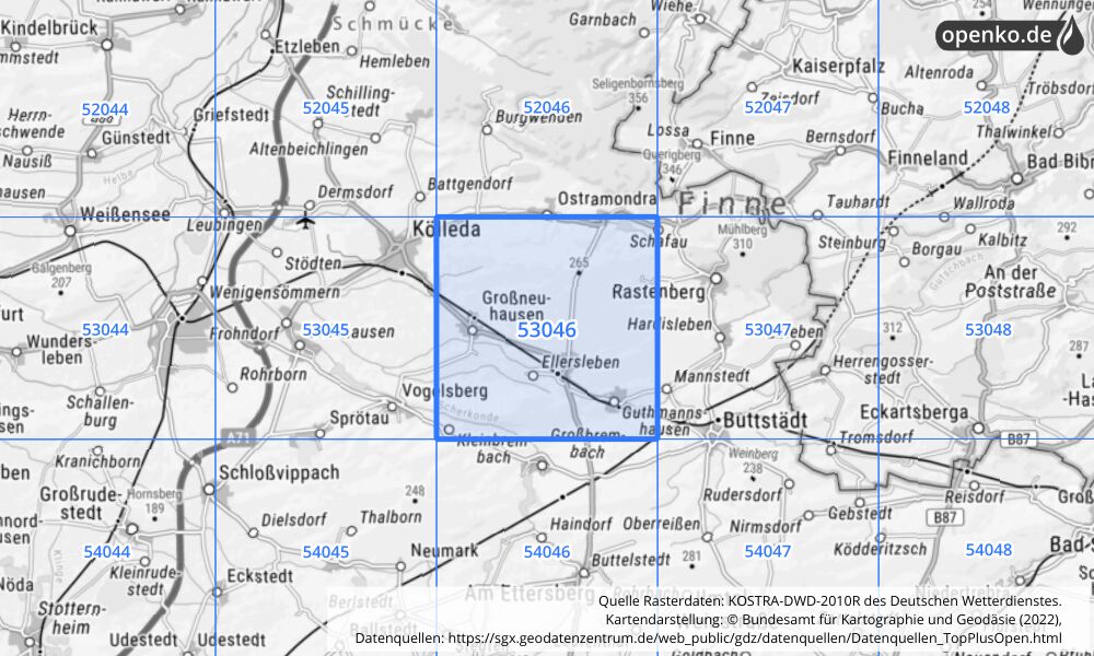 Übersichtskarte KOSTRA-DWD-2010R Rasterfeld Nr. 53046 mit angrenzenden Feldern